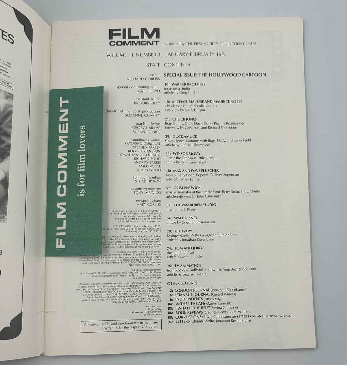 Interior page of Film Comment Magazine January-February 1975 displaying the Table of Contents for the Hollywood Cartoon special issue.