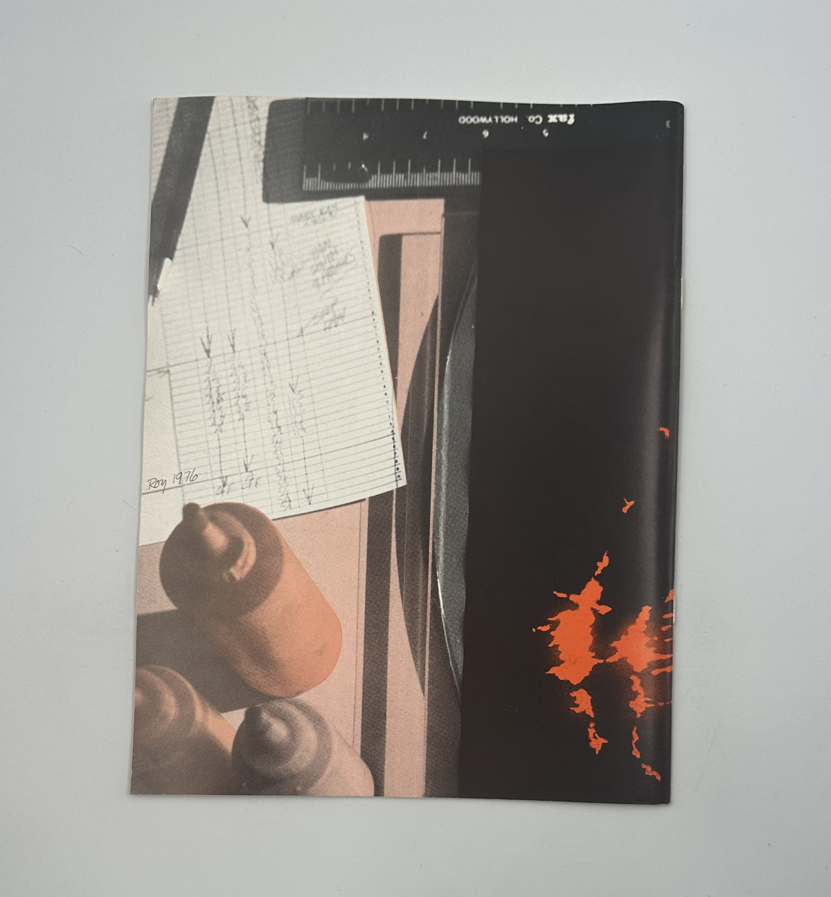 Back cover of Fantascene Magazine Summer 1976 featuring a creative layout with artistic elements and abstract visuals related to film and cinema.