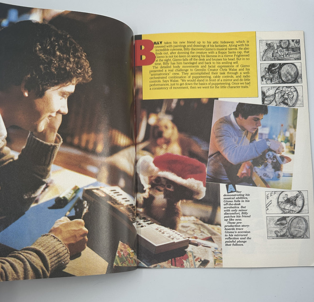 Another interior page from the Gremlins Souvenir Magazine Official Collector’s Edition featuring Billy and Gizmo, emphasizing their relationship and the film's storyline.