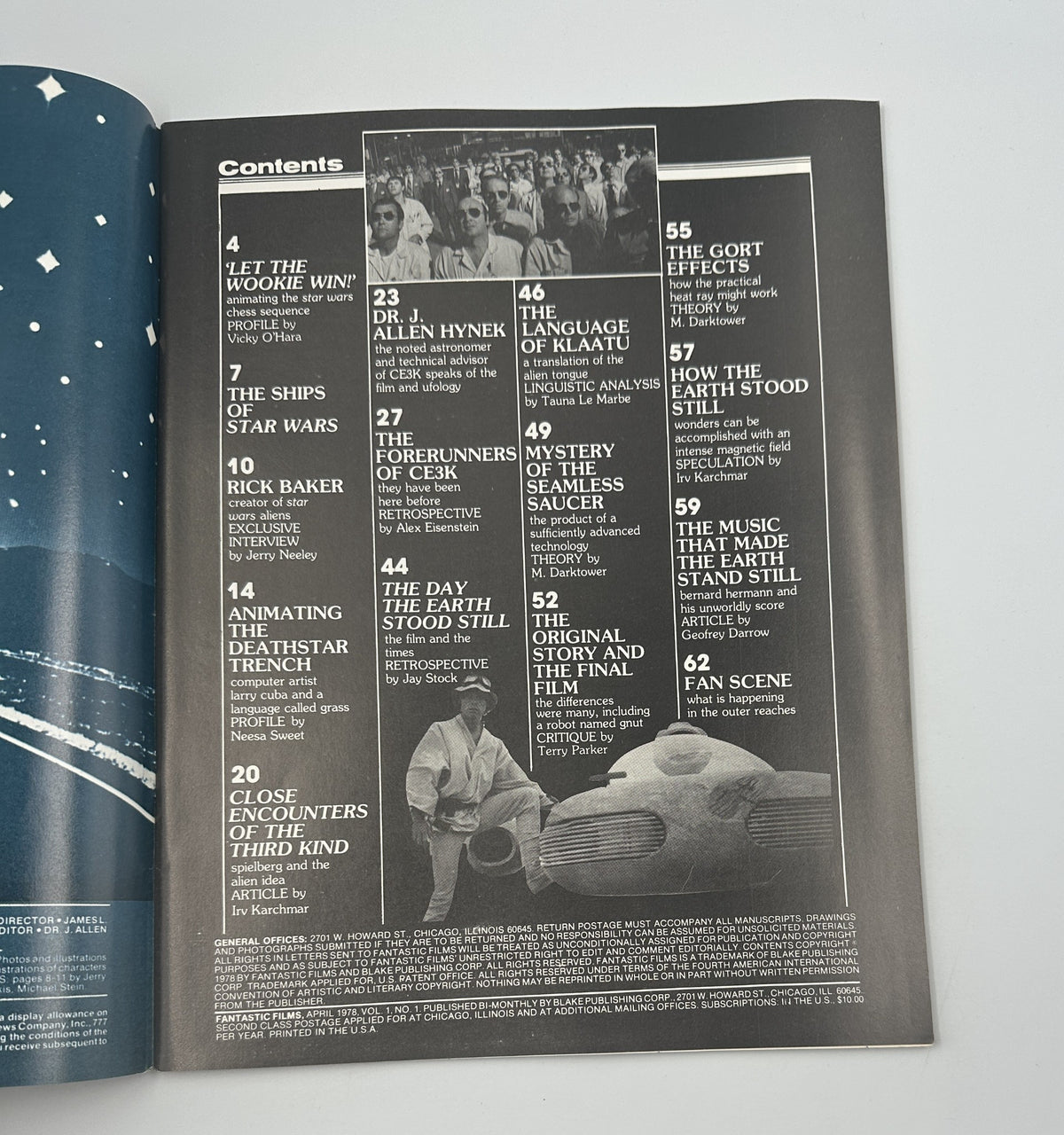Contents page of Fantastic Films Magazine April 1978, listing articles including 'Let the Wookie Win!' and 'The Day the Earth Stood Still', relevant to Star Wars and Close Encounters.