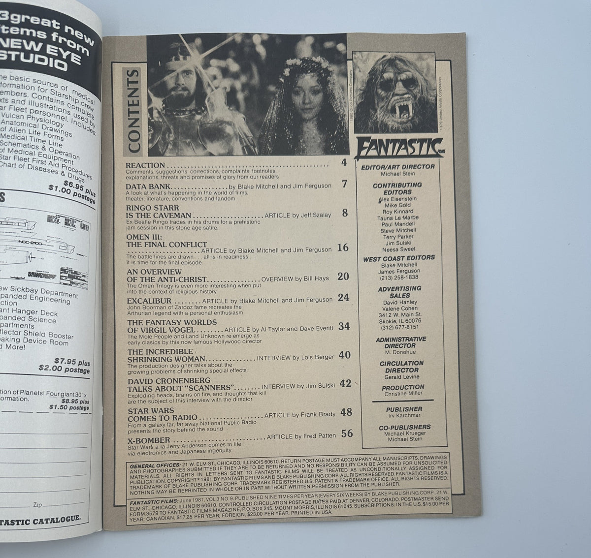 Inside page of Fantastic Films Magazine June 1981 displaying the Table of Contents with featured articles including Ringo Starr in Caveman, Excalibur, and Star Wars. Layout highlights the magazine's diverse film topics.