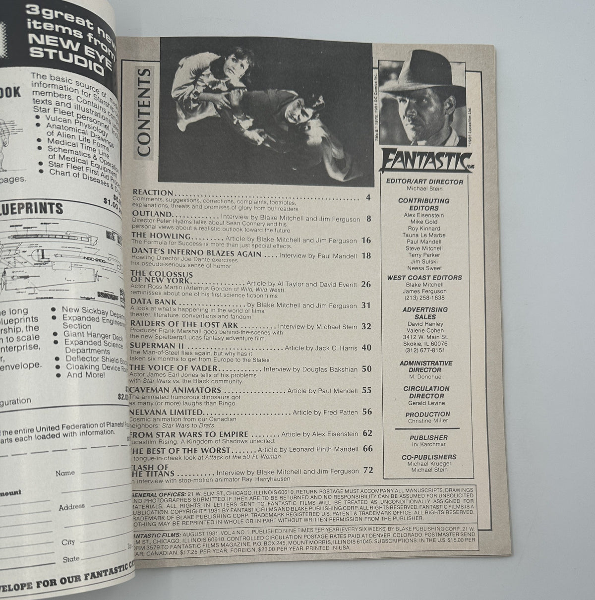 Table of contents from Fantastic Films Magazine August 1981, listing featured articles including Superman II and interviews.