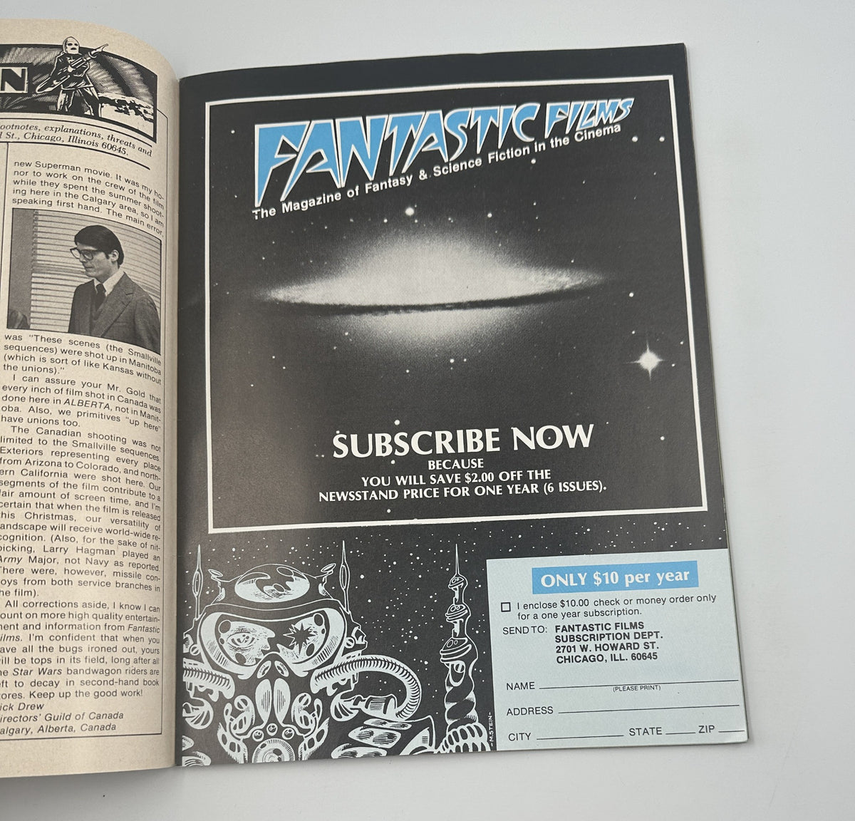Subscription advertisement page from Fantastic Films Magazine, October 1978, encouraging readers to subscribe for a year and featuring a science fiction illustration.