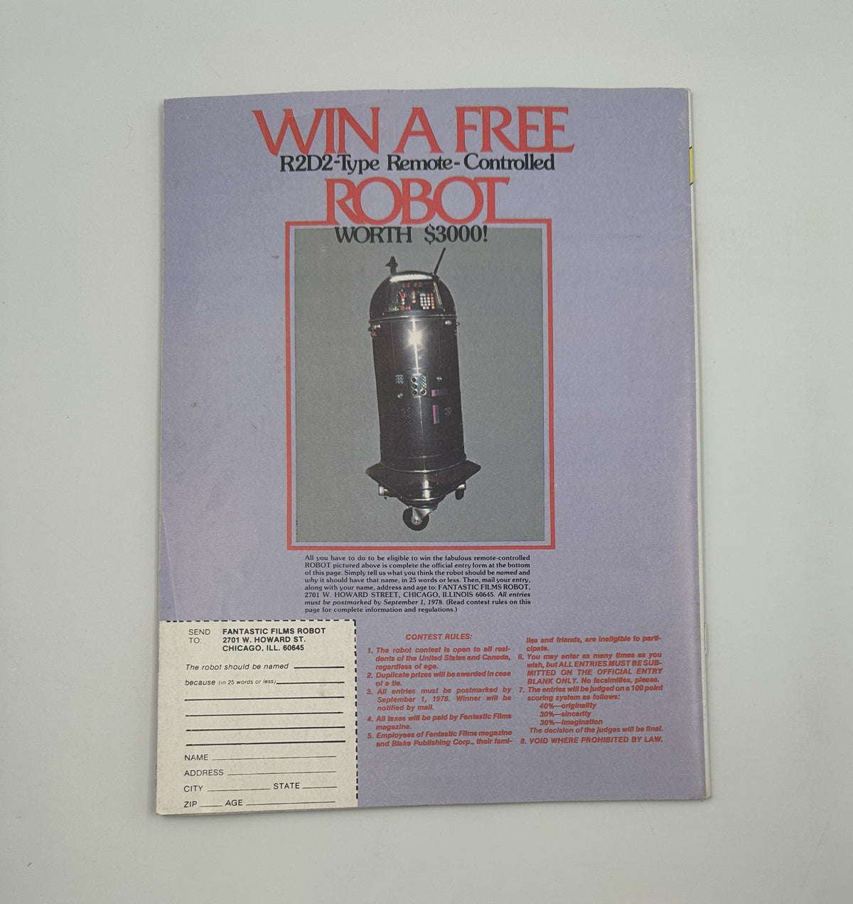 Back cover of Fantastic Films Magazine, October 1978, advertising a contest to win a remote-controlled R2D2 robot.