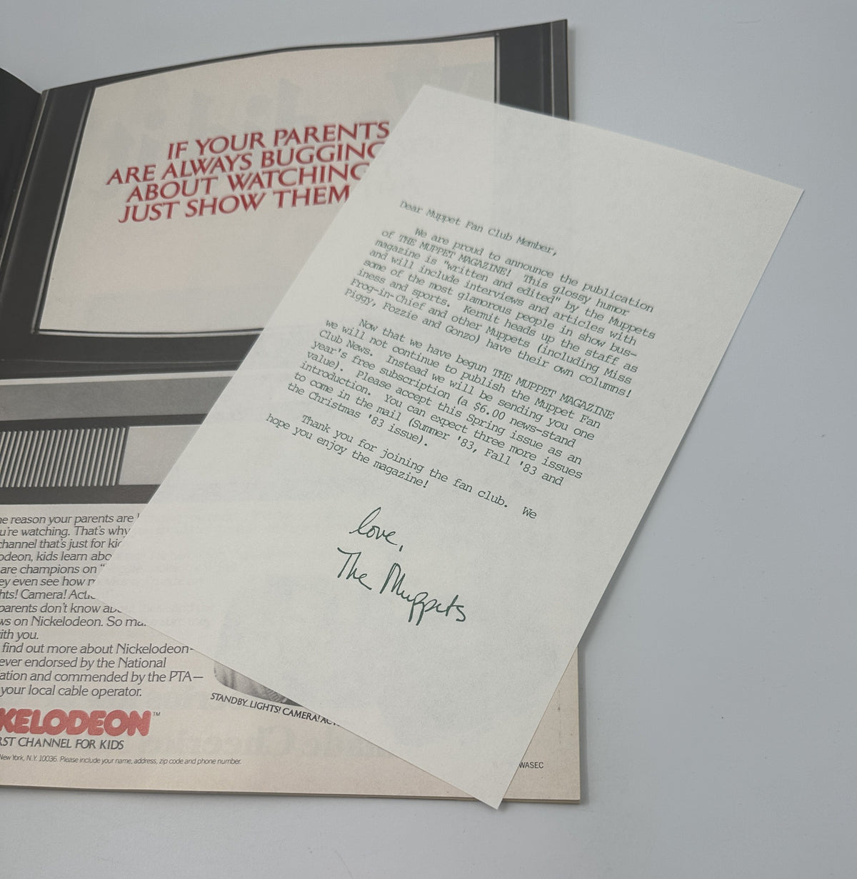 Letter from the Muppet Fan Club included in Muppet Magazine Spring 1983, discussing the publication and encouraging readers to engage with the Muppets.