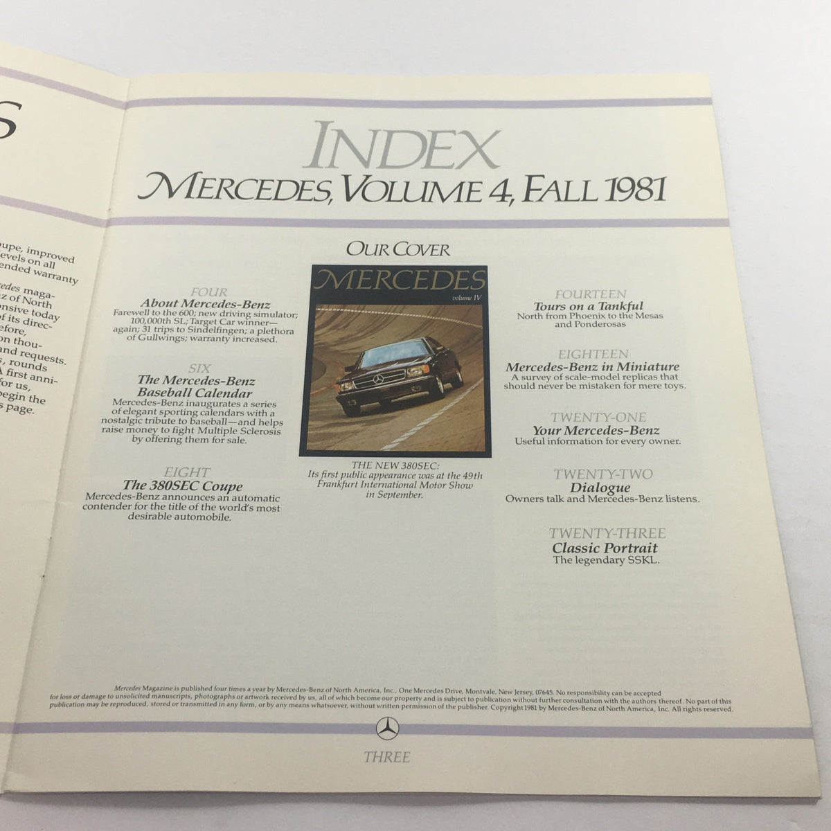 Index page of the 1981 Mercedes Volume 4 - 380SEC Coupe Dealership Car Auto Brochure Catalog outlining key features and articles about Mercedes-Benz.