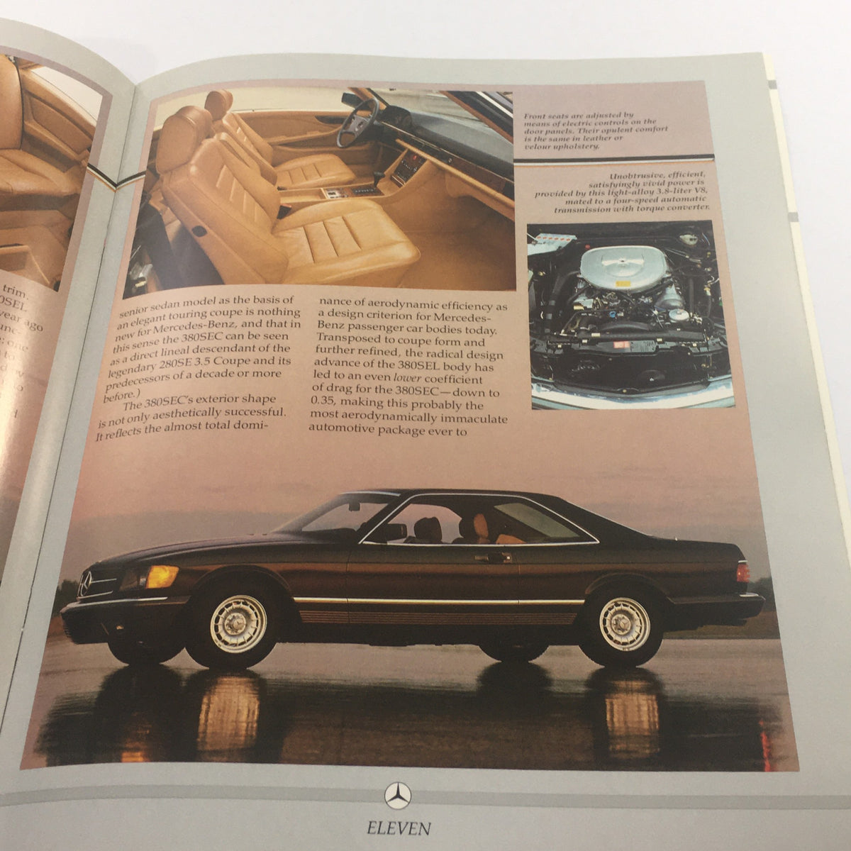 Interior view of the 1981 Mercedes Volume 4 - 380SEC Coupe Dealership Car Auto Brochure Catalog, showcasing the luxurious tan leather seats and dashboard details.