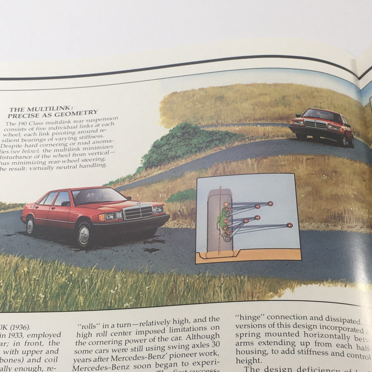 Illustration from 1983 Mercedes Volume XI Dealership Car Auto Brochure Catalog showcasing the Multilink rear suspension system and 190 Class model on a winding road.