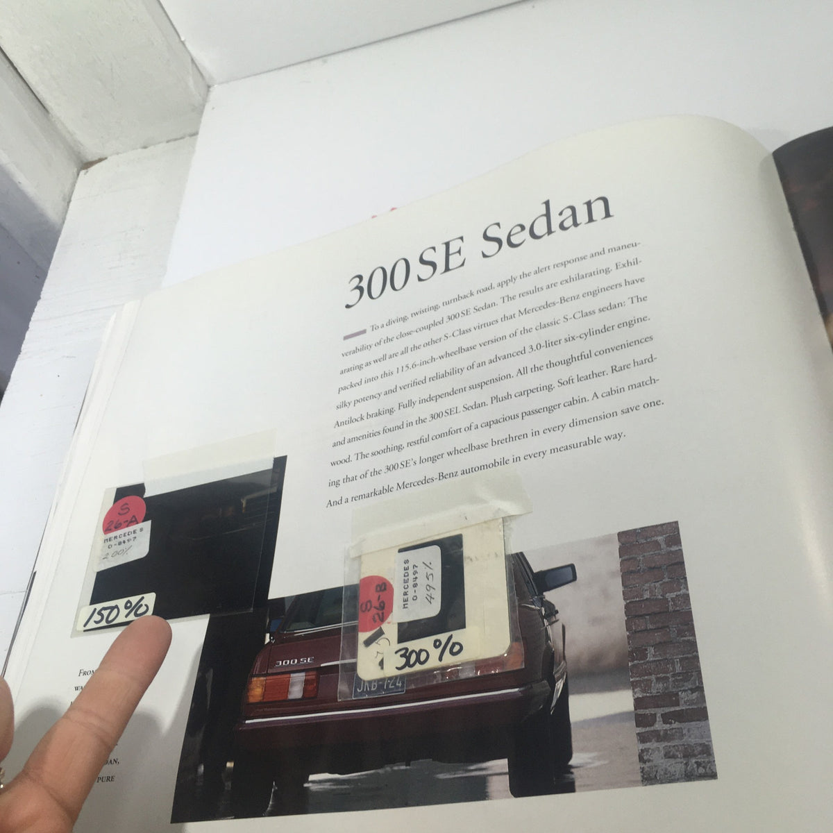 Image displaying the 300 SE Sedan section from the 1991 Mercedes-Benz S-Class 300 SE-Sedan Dealership Car Auto Brochure Catalog, showing photographs and specifications.