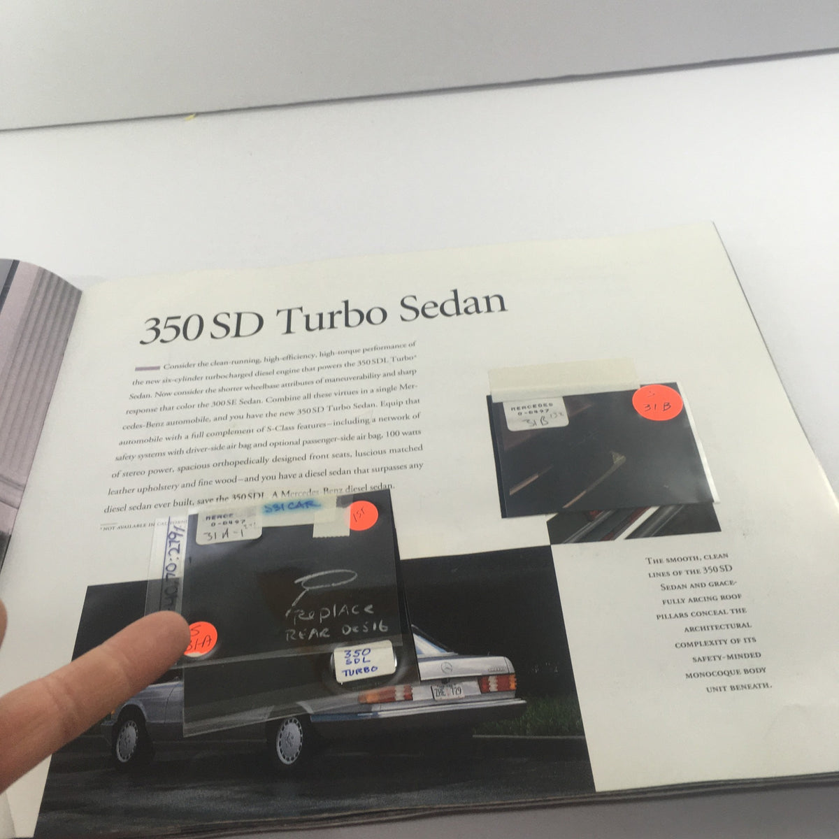 Image highlighting the 350 SD Turbo Sedan section of the 1991 Mercedes-Benz S-Class 300 SE-Sedan Dealership Car Auto Brochure Catalog featuring vehicle images and descriptions.