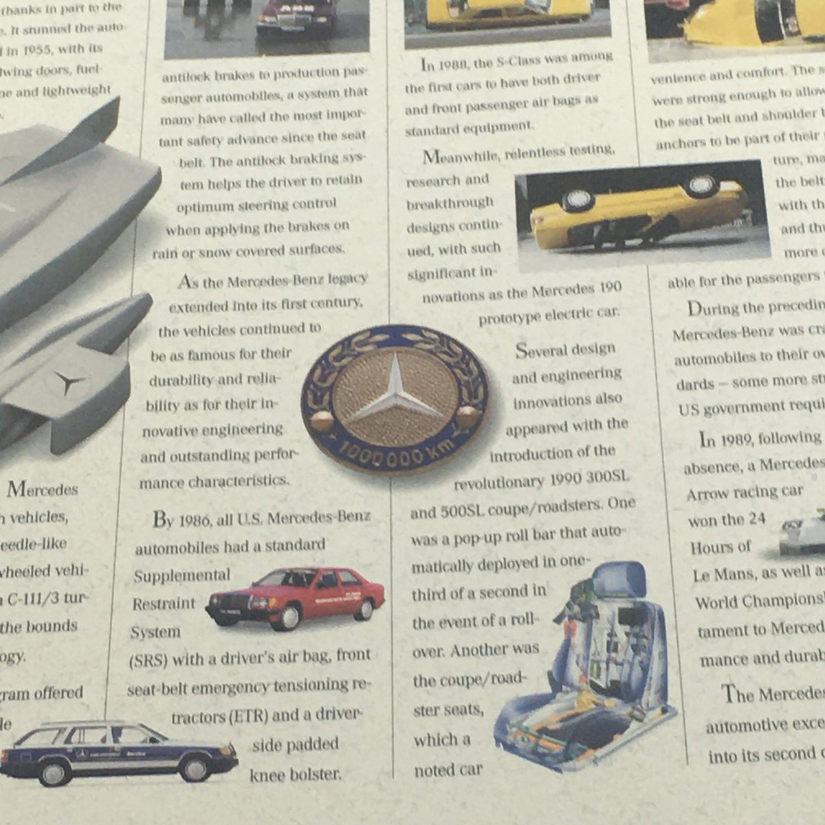 1993 Mercedes-Benz The Value Of Difference Dealership Car Auto Brochure Catalog, featuring an illustration of innovative automotive engineering and a commemorative 1,000,000 km badge.