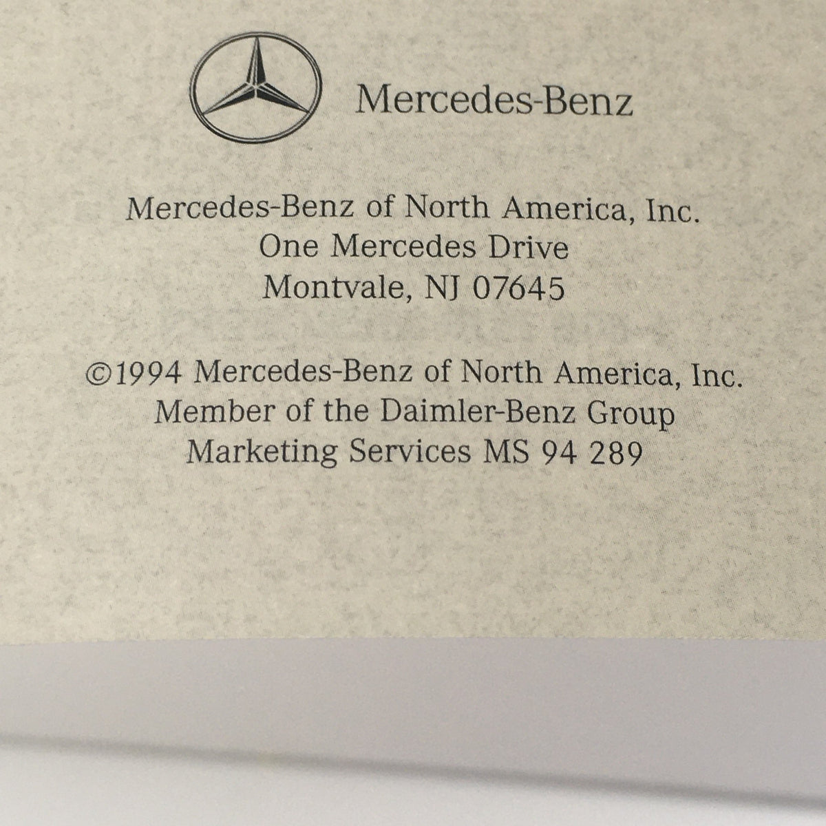 Inside page of the 1994 Mercedes-Benz Collection Accessories Dealership Car Auto Brochure Catalog. Displays the Mercedes-Benz logo and copyright information along with the address of Mercedes-Benz of North America.