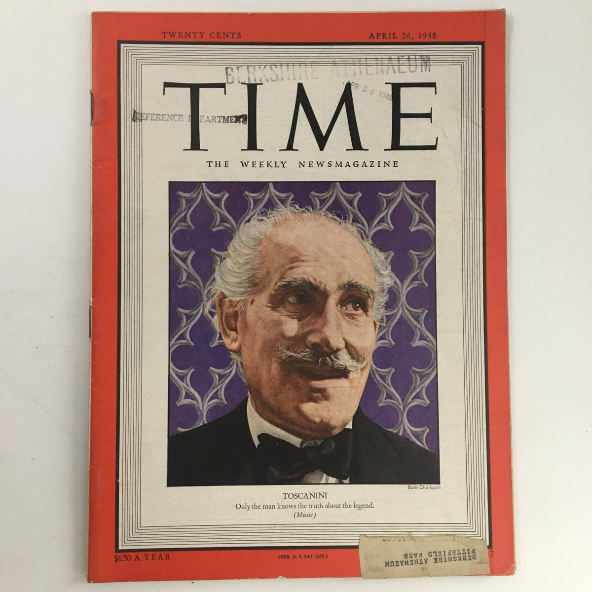 Time Magazine cover from April 26, 1948, Vol 51 #17 featuring Italian conductor Arturo Toscanini. The magazine includes a colorful portrait of Toscanini and highlights his significance in music history.