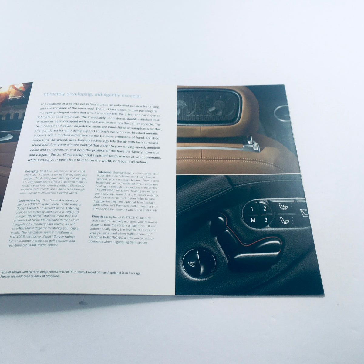 Interior page of the 2012 Mercedes-Benz SL-Class Dealership Car Auto Brochure featuring luxurious seating details and controls of the SL-Class.