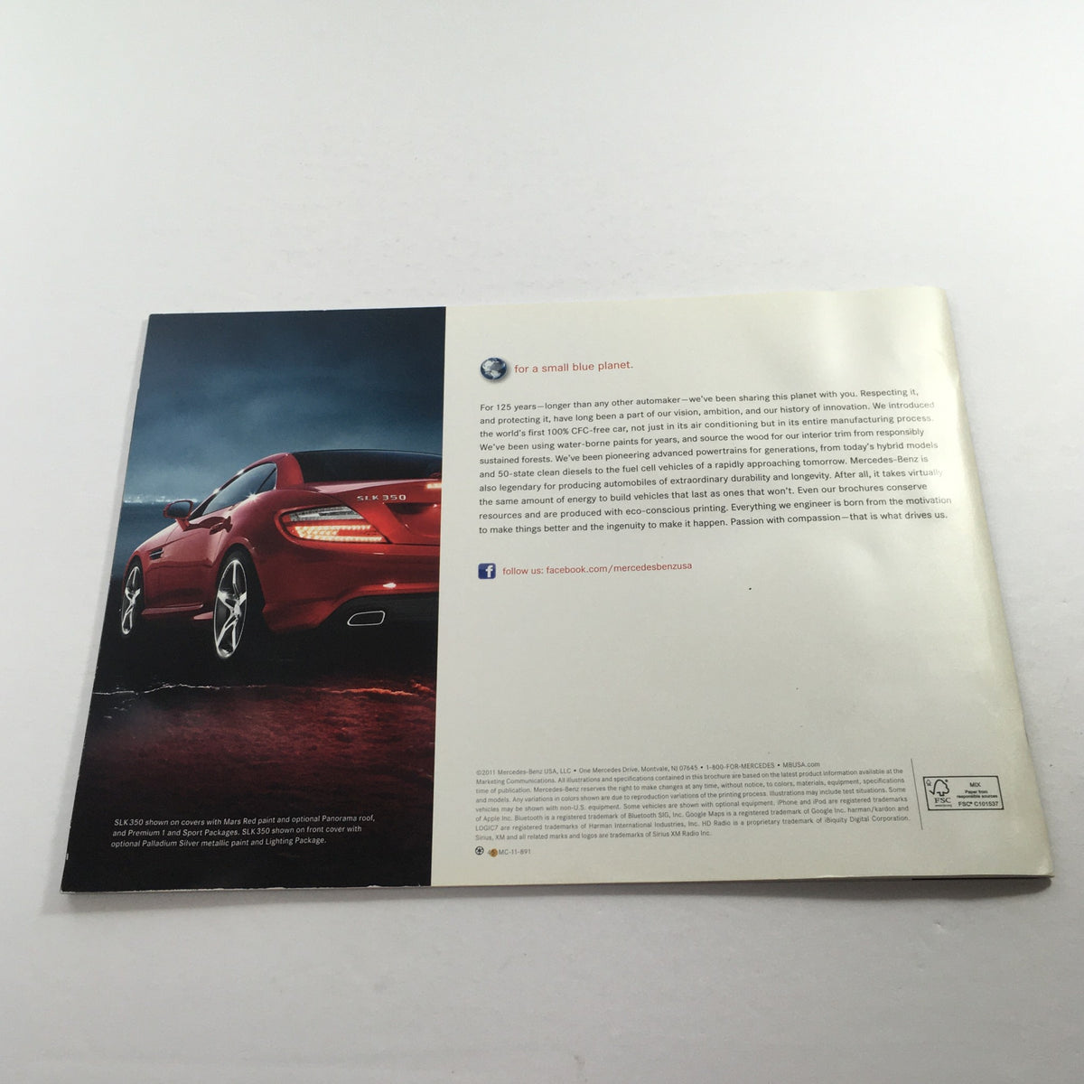 2012 Mercedes-Benz SLK-Class Dealership Car Auto Brochure Catalog featuring a sleek red car on the back cover, promoting environmental awareness.