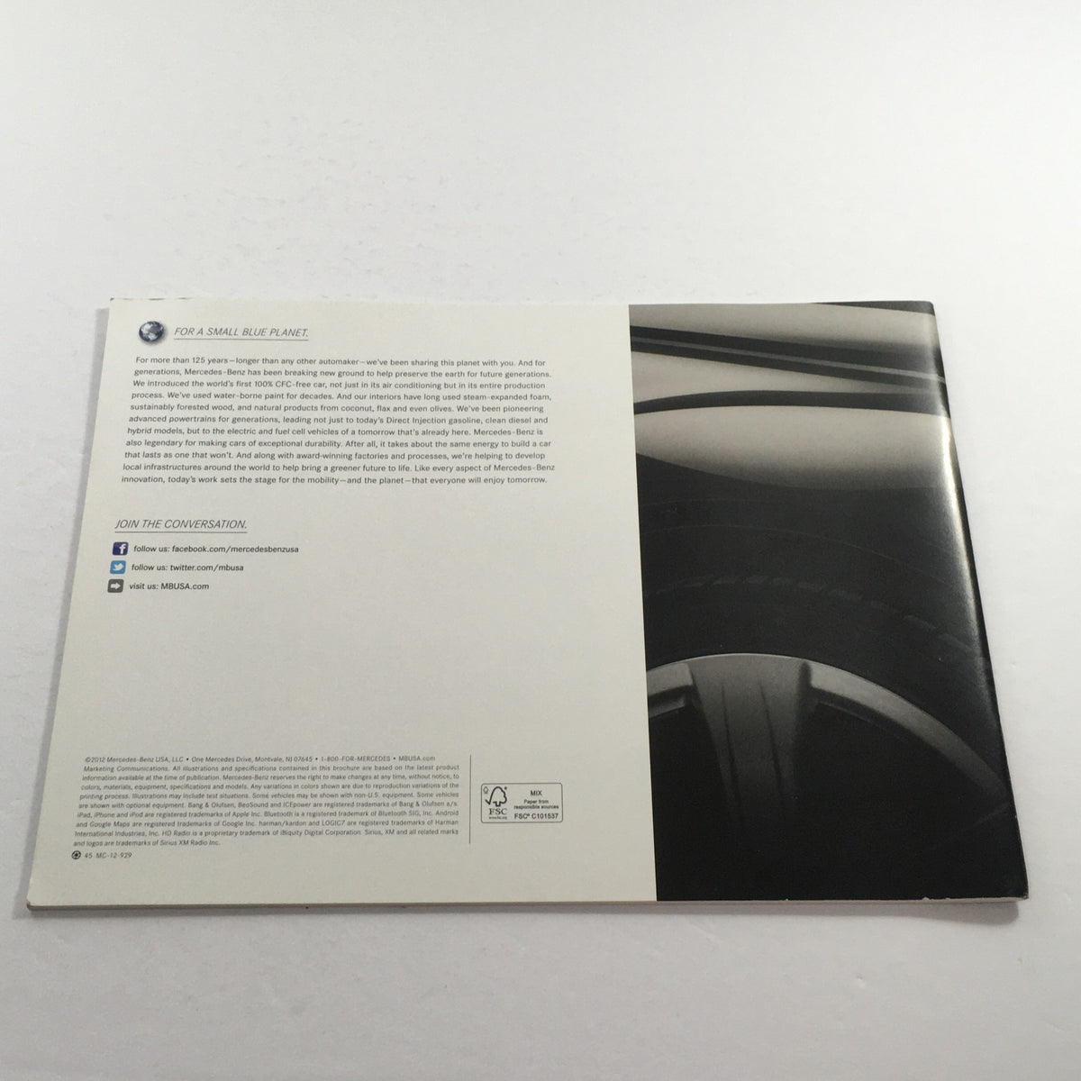 Back cover of the 2013 Mercedes-Benz S-Class Dealership Car Auto Brochure Catalog with a minimalist design and text promoting social media engagement.