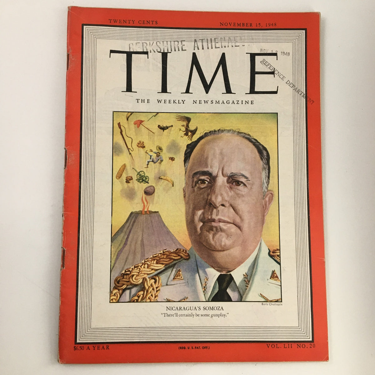Cover of Time Magazine, November 15, 1948, featuring Nicaraguan dictator Anastasio Somoza, showcasing the political climate of the late 1940s with a distinctive illustration.