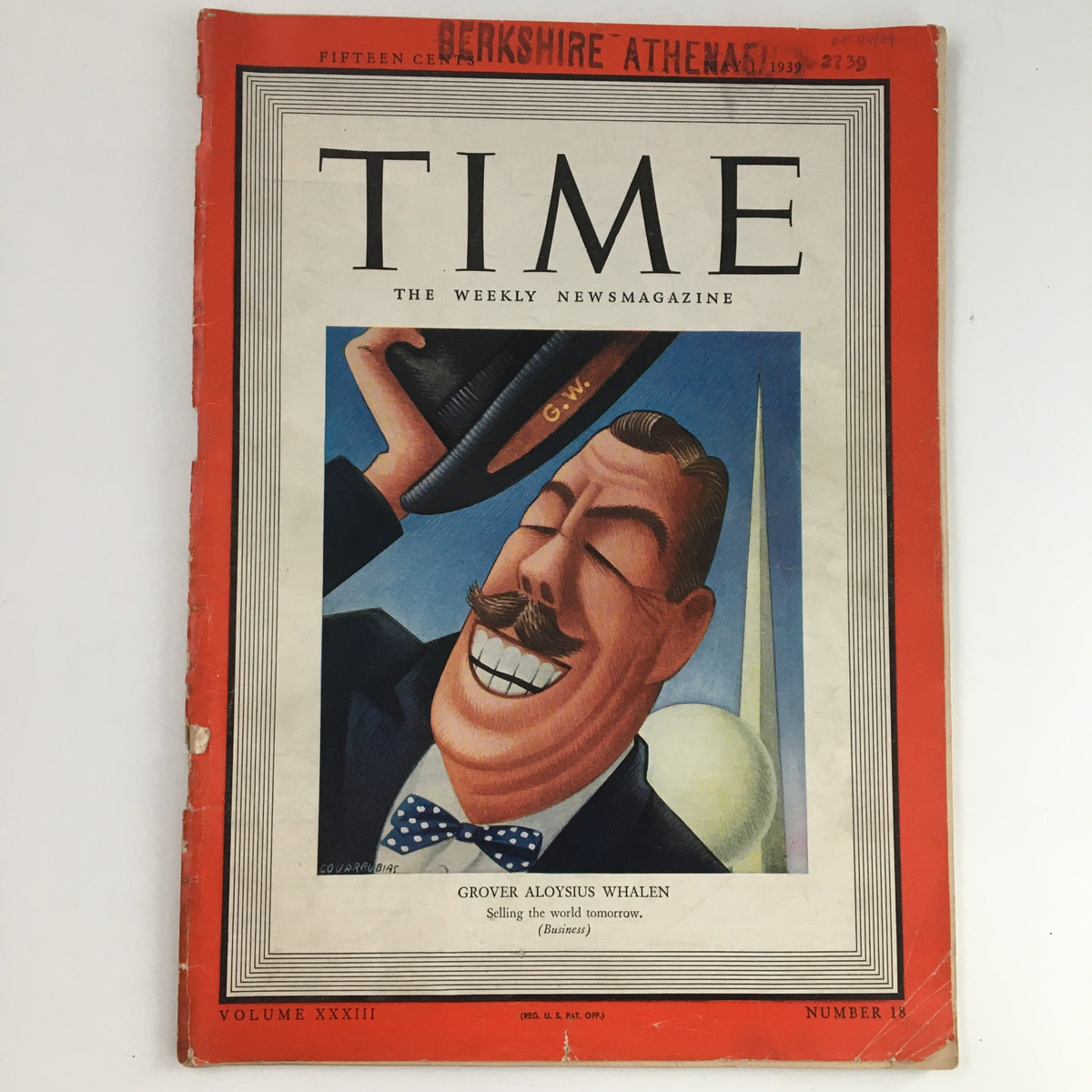 Time Magazine May 1 1939 Vol 33 #18 featuring a colorful illustration of politician Grover Aloysius Whalen smiling while holding a hat, representing the political landscape of the late 1930s.