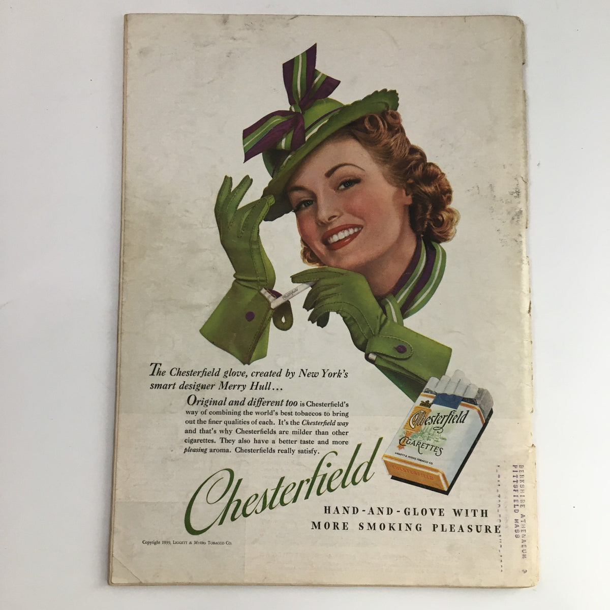 Back cover of Time Magazine May 1 1939 Vol 33 #18 showcasing a vintage Chesterfield cigarette advertisement featuring a glamorous woman in green gloves and fashionable attire.