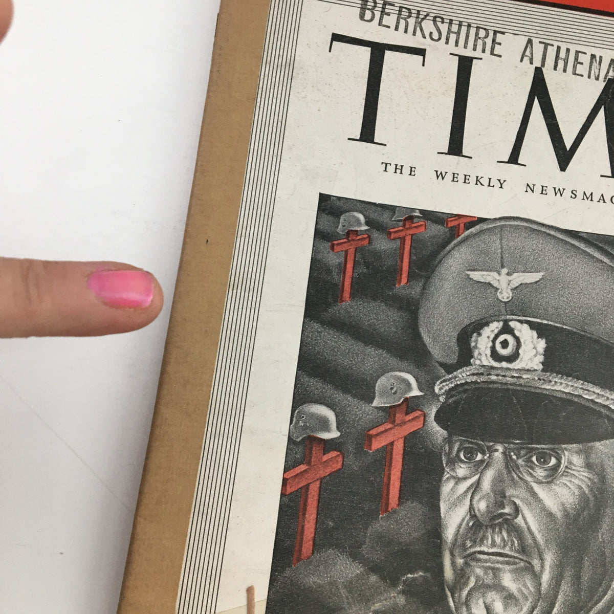 Close-up view of Time Magazine cover from June 29, 1942, featuring General Franz Halder, Volume 39, Number 26, showcasing military motifs with red crosses.