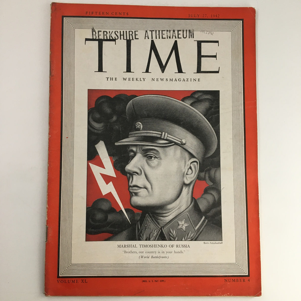 Cover of Time Magazine July 27 1942, featuring Marshal Semyon Timoshenko of Russia, with bold artwork and historical context.