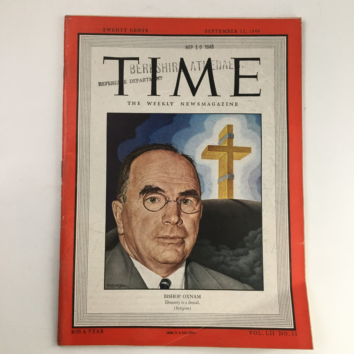 Cover of Time Magazine, September 13, 1948, Vol 52 #11 featuring Bishop Garfield Bromley Oxnam and a cross. A vintage collectible showcasing post-war America and religious themes.
