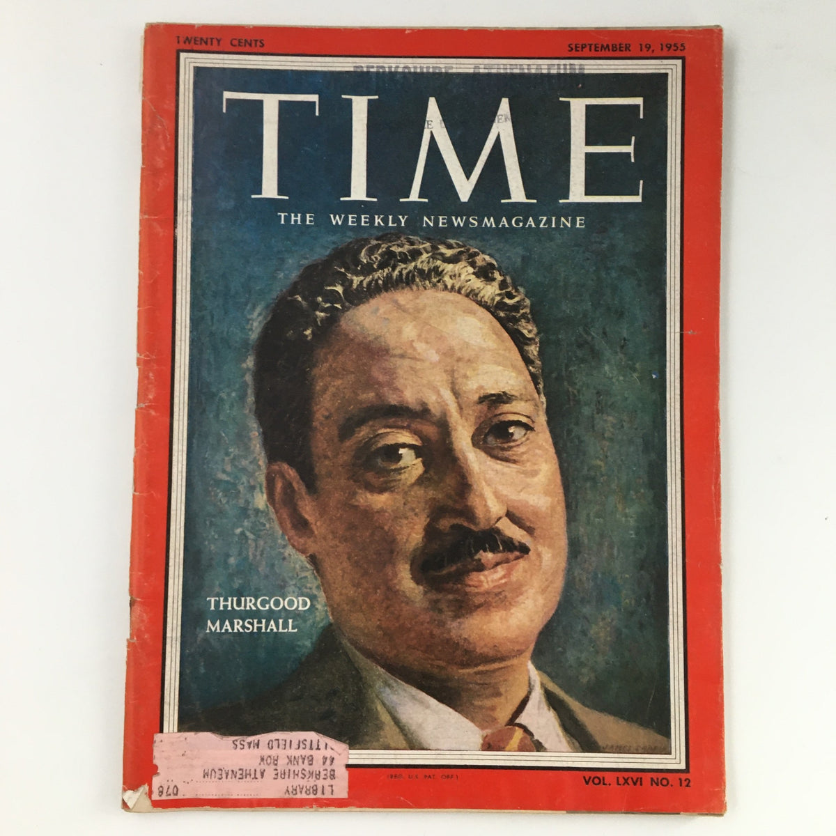 Time Magazine September 19 1955, Volume 66, Number 12, featuring a cover portrait of American lawyer Thurgood Marshall, known for his role in the civil rights movement and as the first African American Supreme Court Justice.