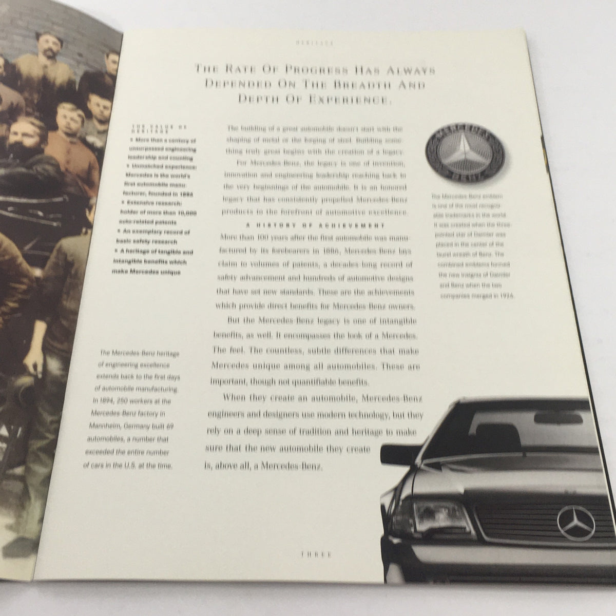 Interior page of the 1992 Mercedes-Benz Value of Difference Dealership Car Auto Brochure Catalog discussing the heritage and engineering excellence of Mercedes-Benz, with a vintage photo of engineers and a Mercedes-Benz car.