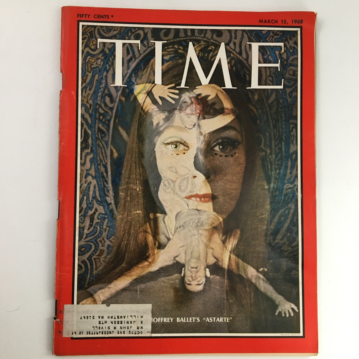 Cover of Time Magazine from March 15, 1968, Vol 91 #11, featuring Robert Joffrey Ballet's 'Astarte' with striking artwork depicting a dancer and a woman's face, capturing the essence of the late 1960s art and cultural scene.