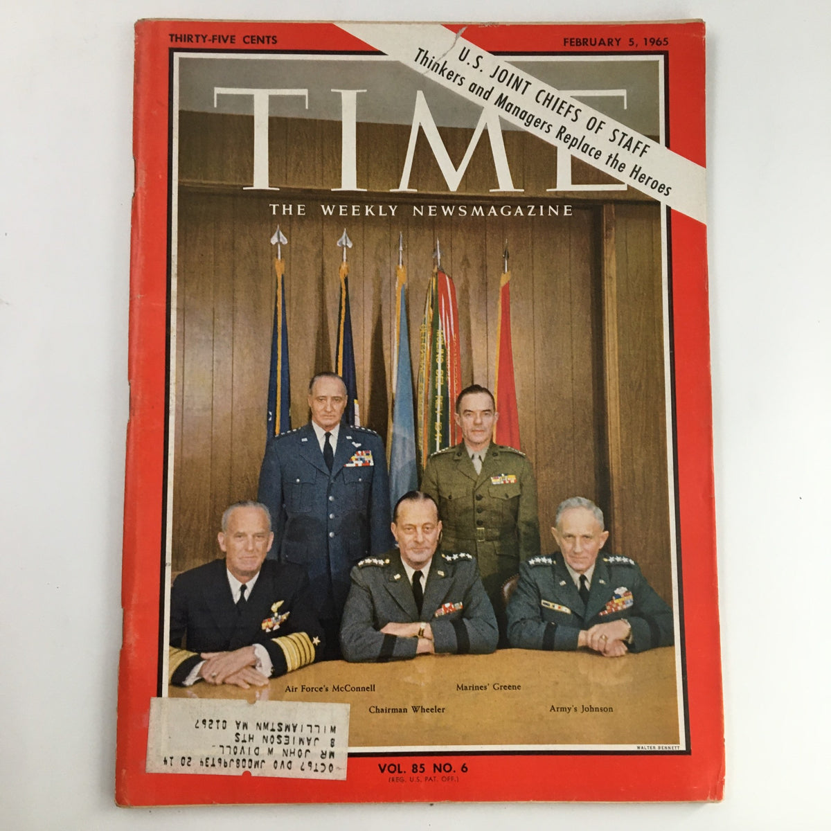 Time Magazine February 5 1965 Vol 85 #6 cover featuring U.S. Joint Chiefs of Staff, including Air Force General John P. McConnell and General Earle Wheeler, showcasing military leadership during the Vietnam era.