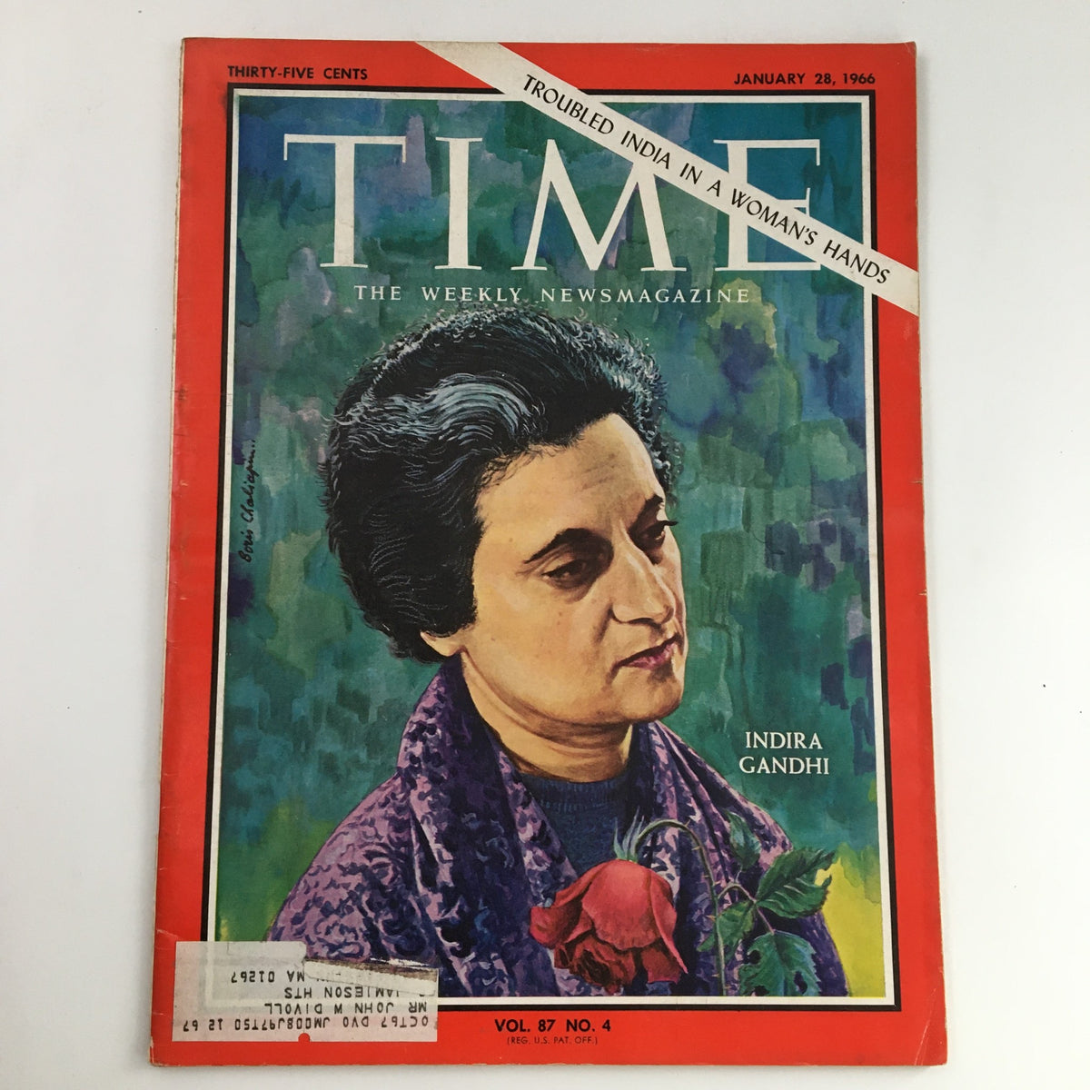Time Magazine January 28 1966 Cover featuring Indira Gandhi, showcasing a significant historical figure against a colorful background. This collectible issue highlights India's political landscape during a pivotal moment.