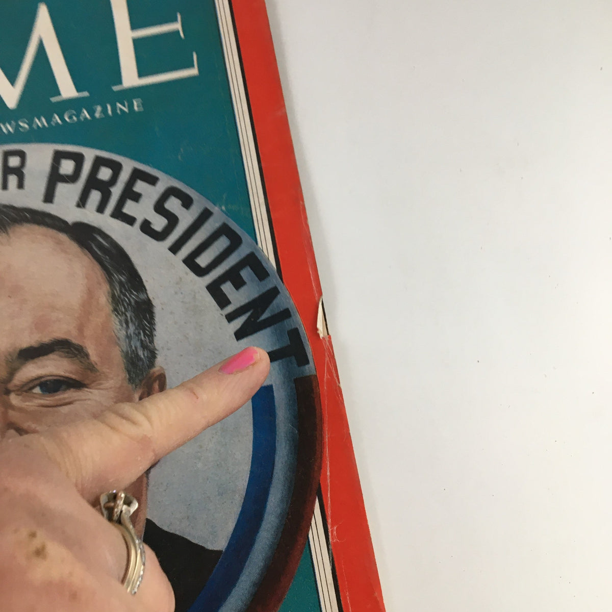 Close-up detail of the cover of Time Magazine February 1, 1960, Volume 75, Issue 5, highlighting the phrase 'Humphrey for President' with a finger pointing to the text.