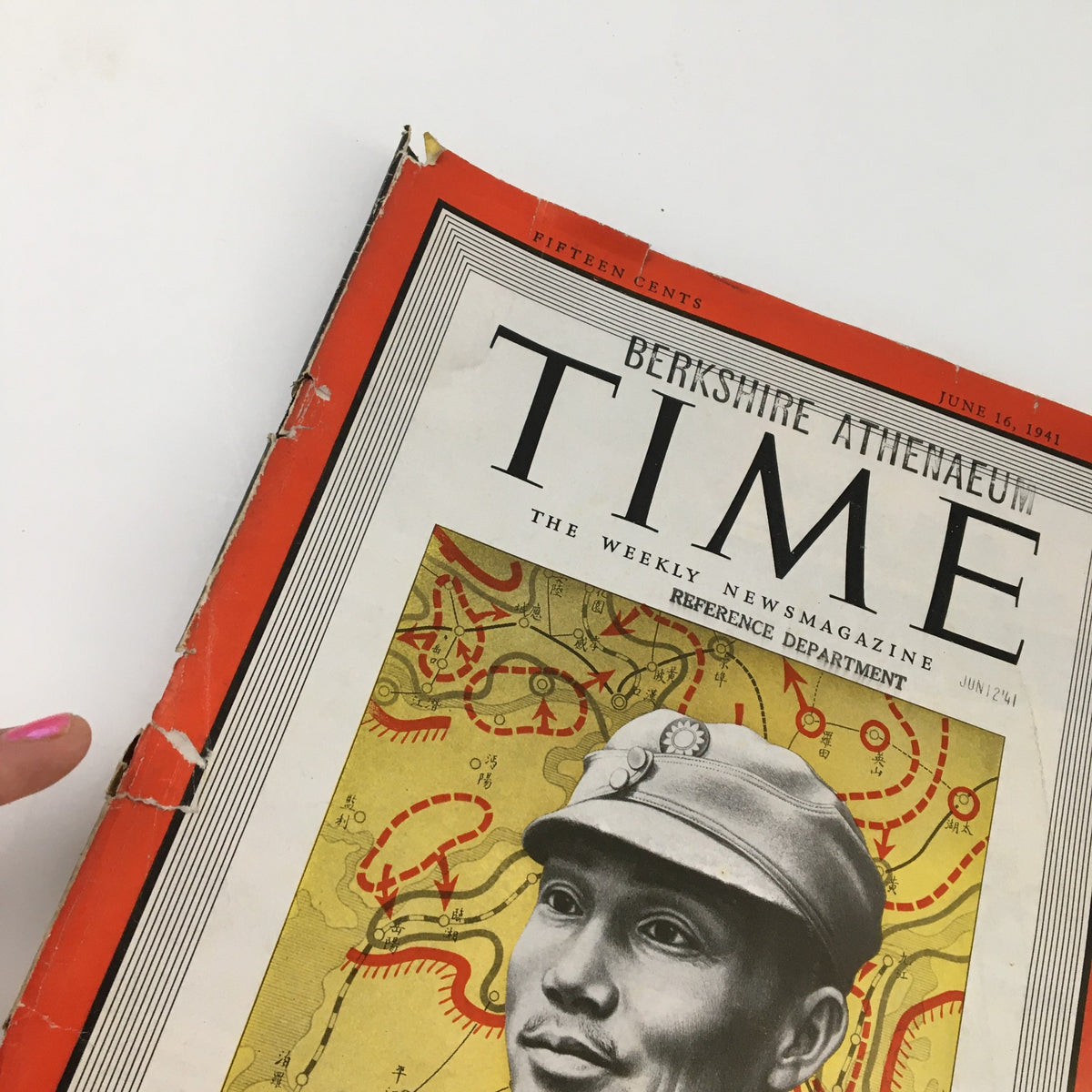 Close-up view of the Time Magazine cover from June 16, 1941, highlighting Chen Cheng, showcasing wear and vintage features of this collectible item.