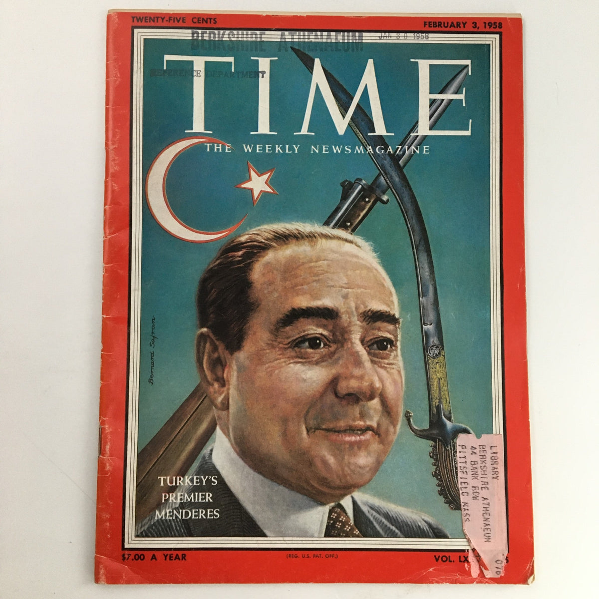 Time Magazine cover from February 3, 1958, featuring Prime Minister Adnan Menderes of Turkey, showcasing a historical portrait against a backdrop of Turkey's national symbols.
