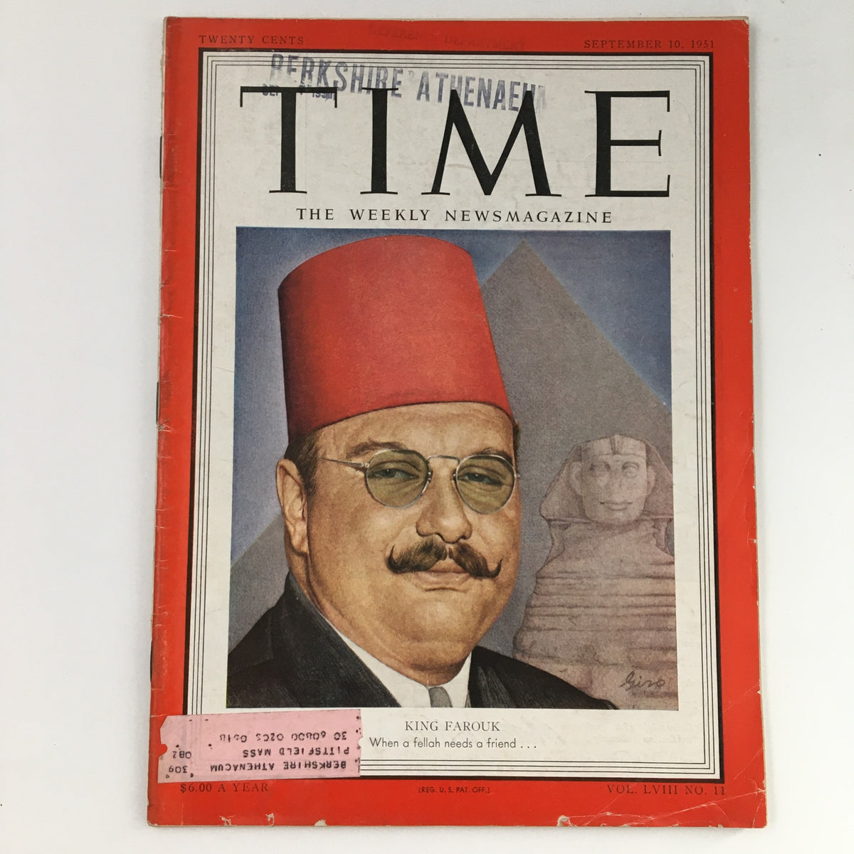 Cover of Time Magazine from September 10, 1951, featuring King Farouk of Egypt and the Sudan. The artwork depicts King Farouk with a red fez and glasses, alongside a stone sphinx in the background, emphasizing historical significance. Volume 58, Issue 11.