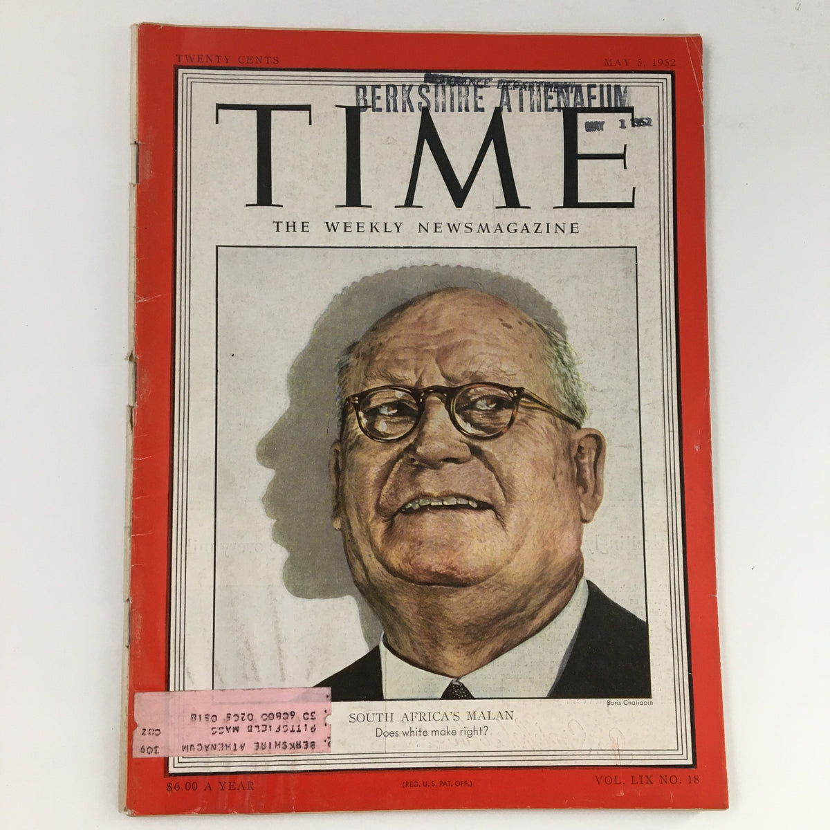 Cover of Time Magazine, May 5, 1952, Vol 59 #18 featuring Prime Minister Daniël François Malan, highlighting the title 'South Africa’s Malan: Does white make right?' The vintage magazine showcases a notable portrait and distinctive red cover design.