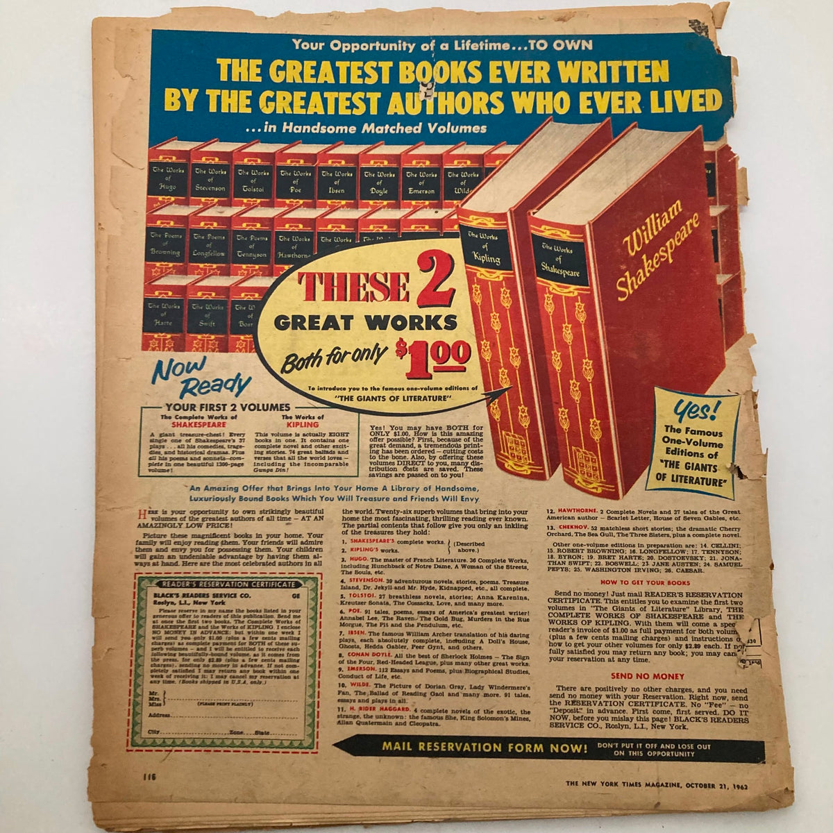 Advertisement for book collection featuring greatest authors, including Shakespeare, from The New York Times Magazine October 21, 1962.