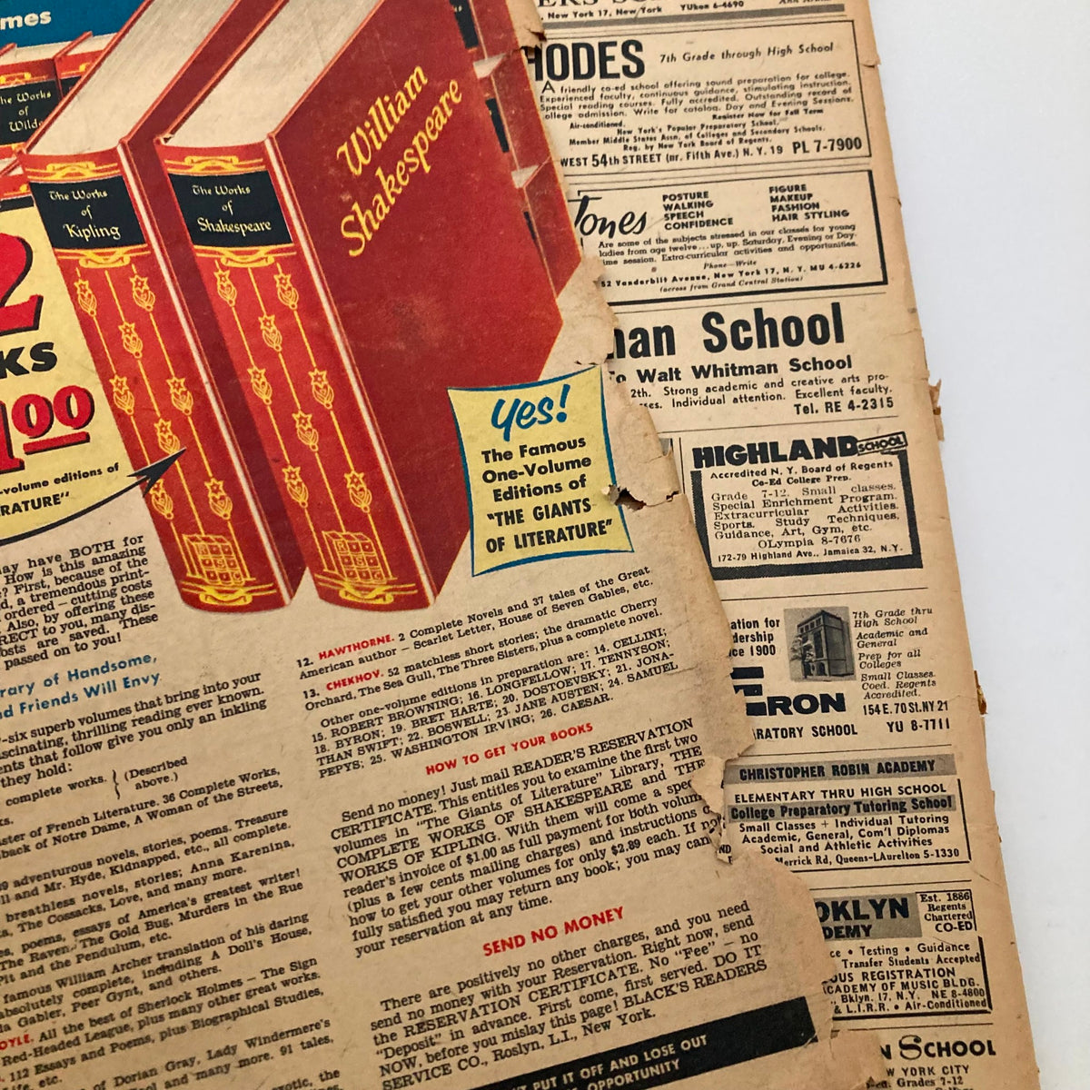 Close-up of advertisement for William Shakespeare's works and literary collection from The New York Times Magazine October 21, 1962.