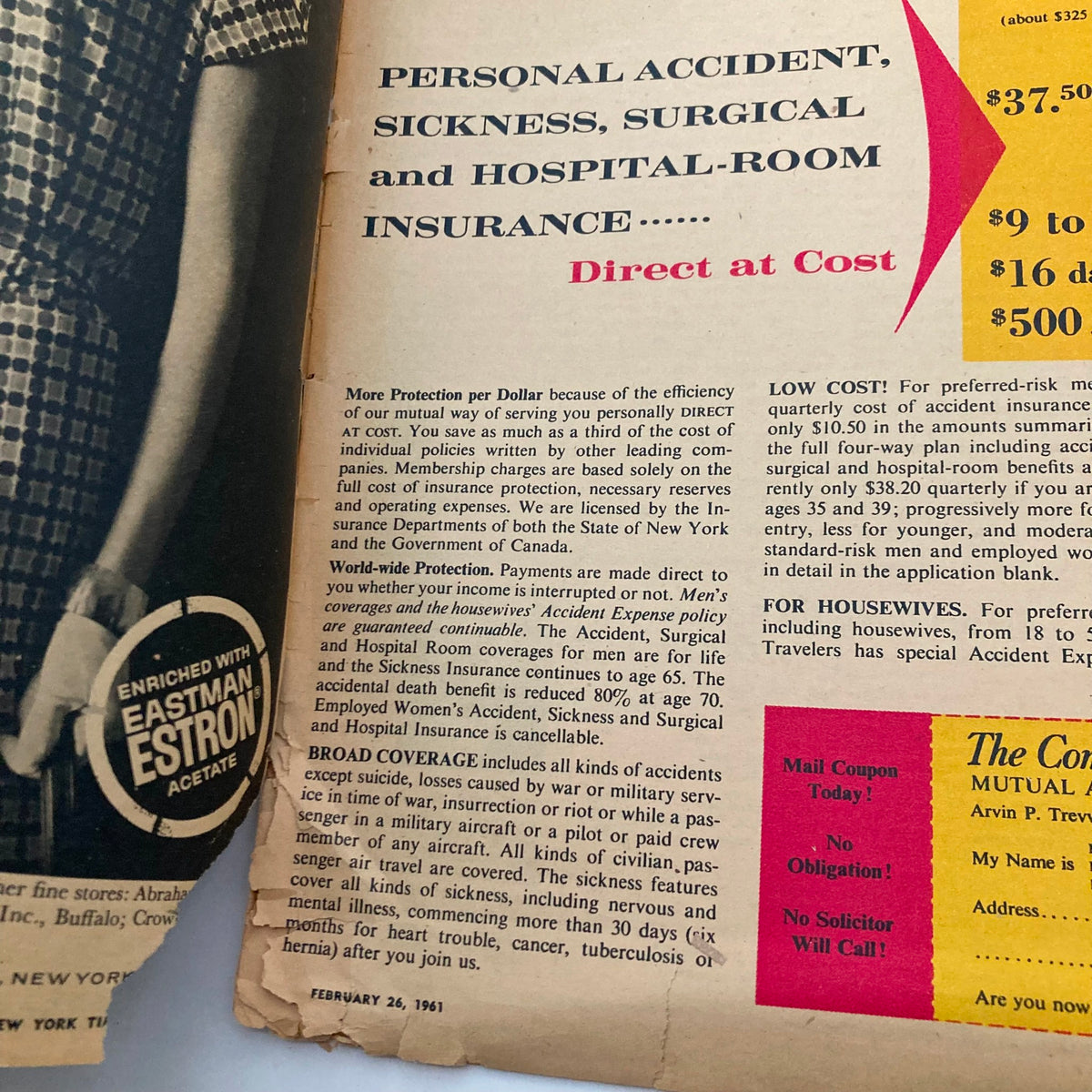 Personal accident and health insurance advertisement from The New York Times Magazine February 26, 1961.