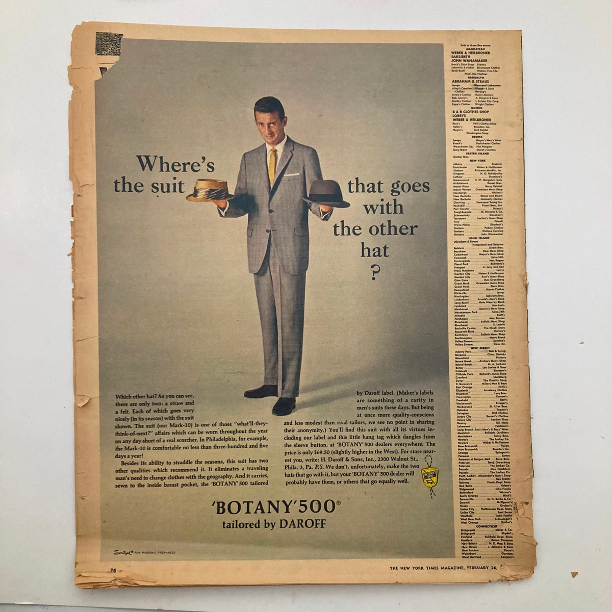 Advertisement from the New York Times Magazine, October 21 1962, showcasing the 'BOTANY'500 tailored suit by DAROFF with a stylish male model holding hats.