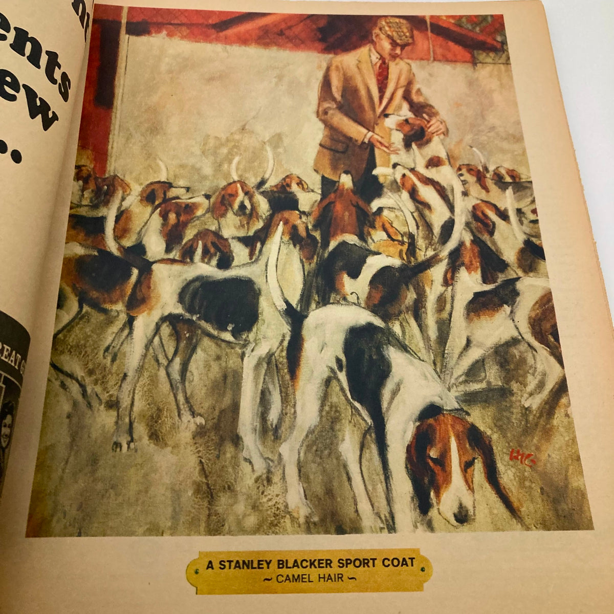 Illustration from The New York Times Magazine September 29, 1963 depicting a man interacting with a group of hounds, accompanied by an advertisement for a Stanley Blacker sport coat.