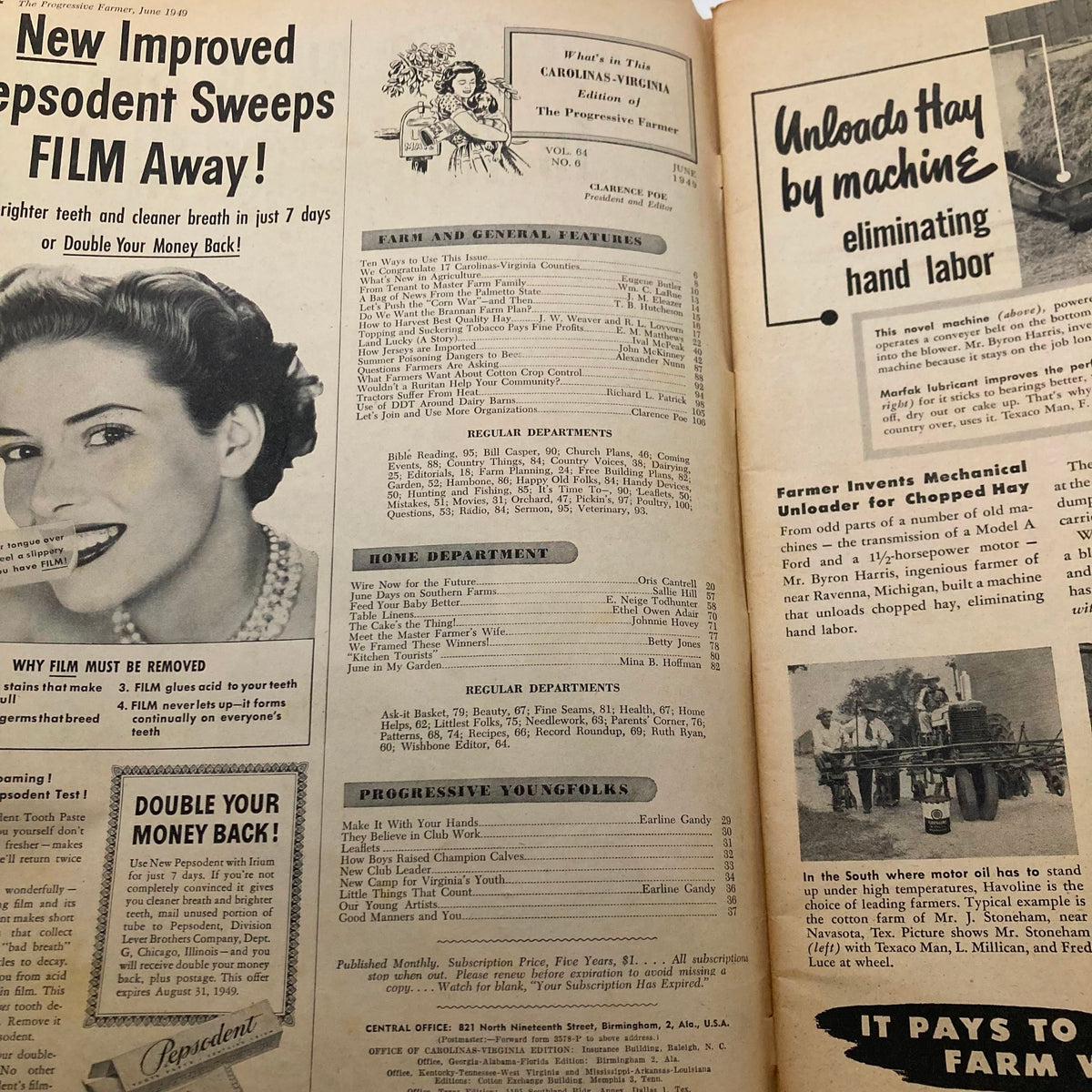 Inside page of The Progressive Farmer Magazine June 1949 showcasing advertisements, articles on farming practices, and a feature on mechanical hay unloading, reflecting agricultural advancements.