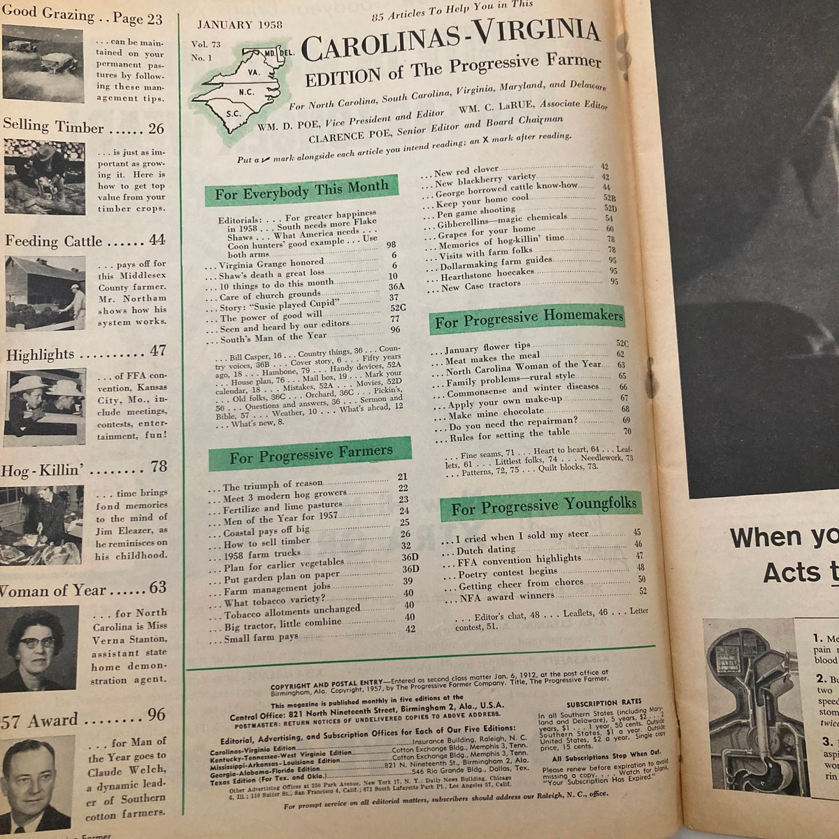 Interior page from The Progressive Farmer Magazine January 1958 showcasing the contents and articles available in the edition, with topics relevant to farmers and homemakers.