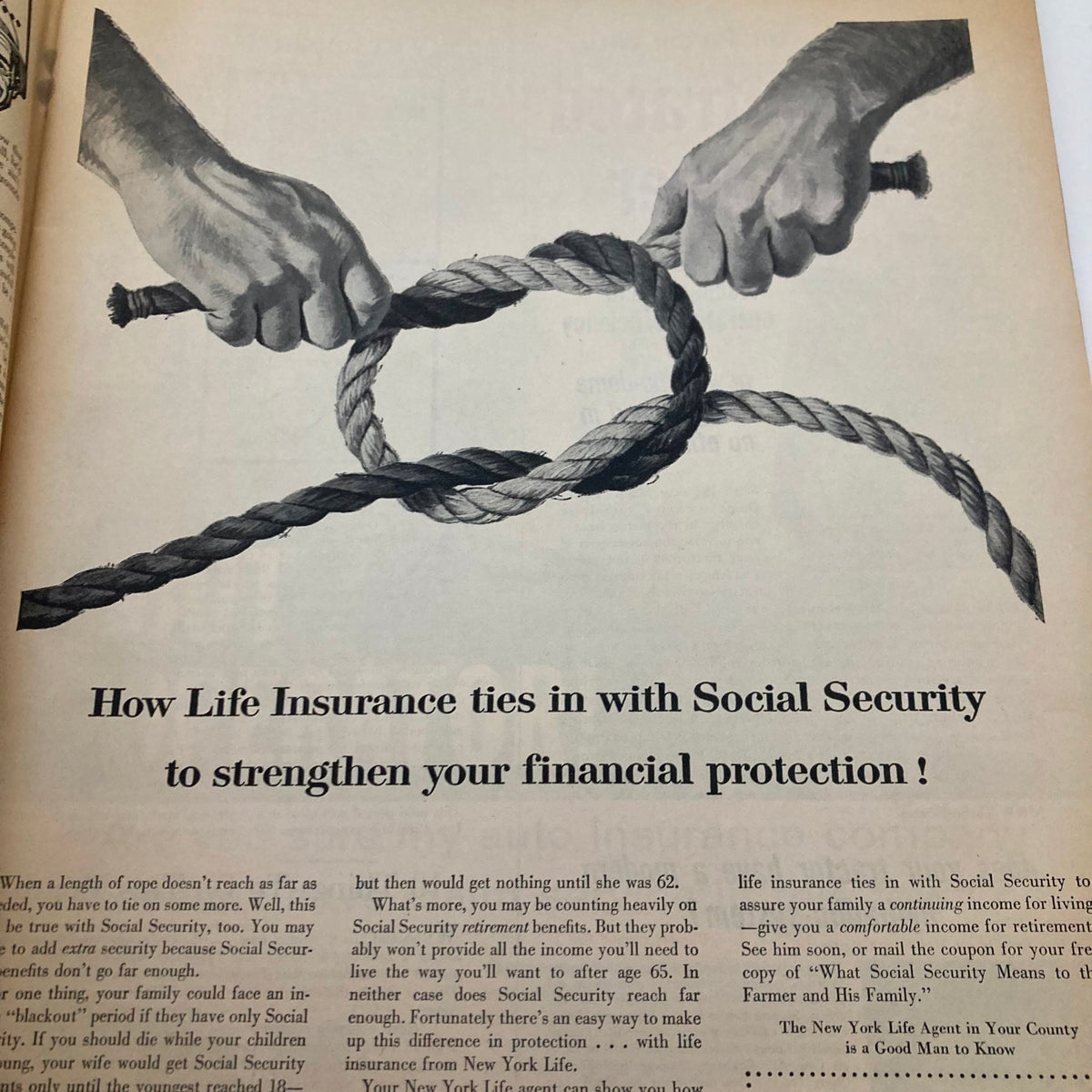 Illustration from The Progressive Farmer Magazine January 1958 showing hands tying a knot with ropes, emphasizing the theme of life insurance and social security for financial protection.