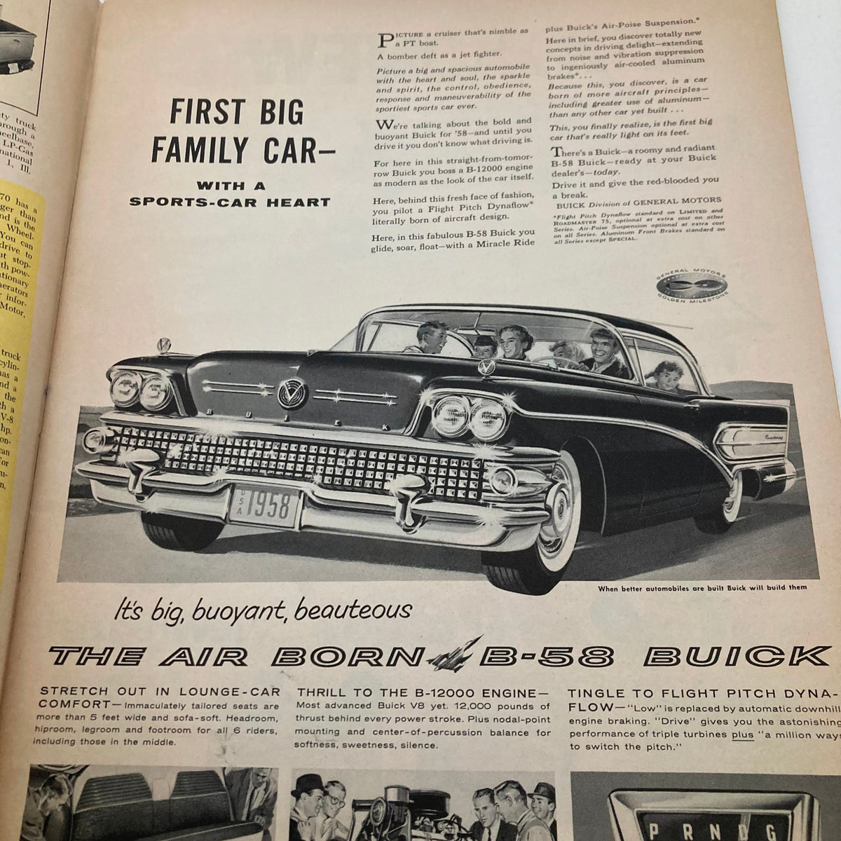 Advertisement from The Progressive Farmer Magazine January 1958 for the Buick B-58 car, showcasing its family-friendly features and performance.