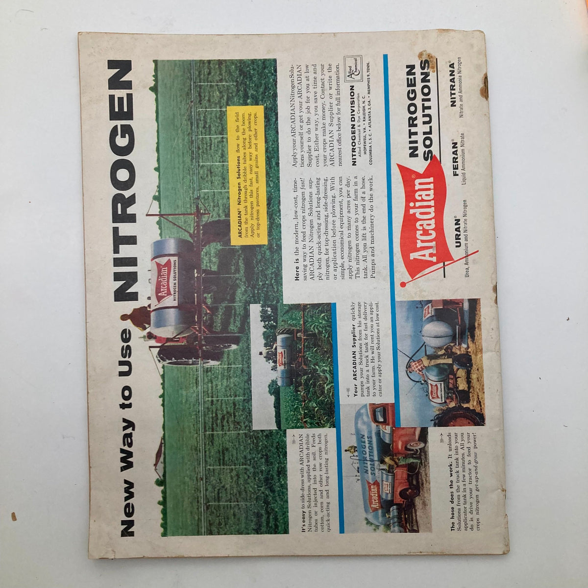 Informative page from The Progressive Farmer Magazine January 1958 discussing nitrogen use in farming, featuring equipment and techniques for better crop yield.