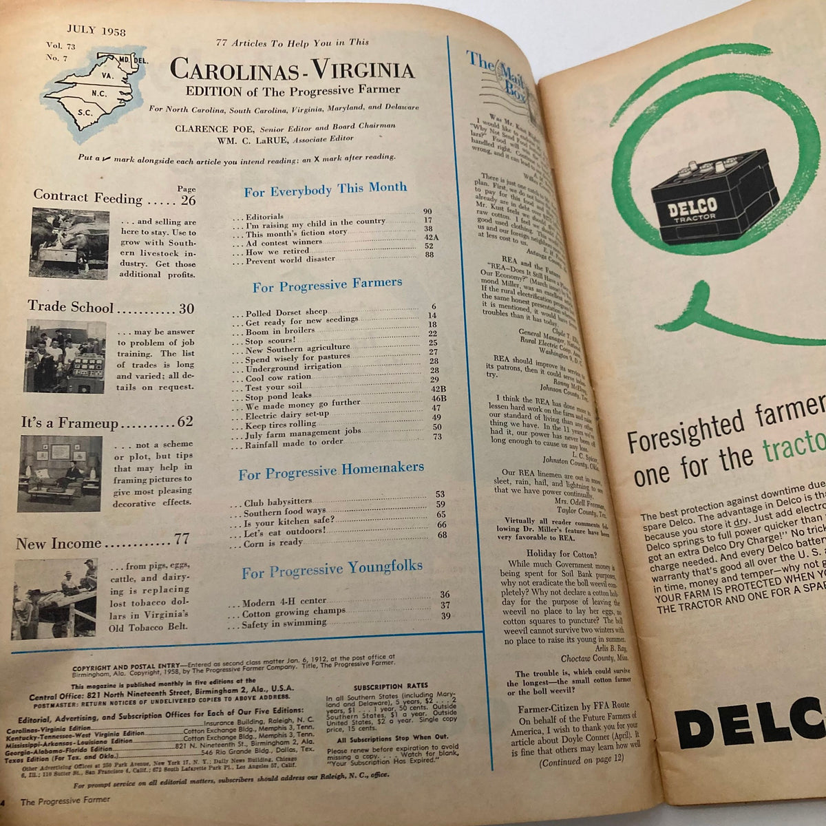 Table of contents from The Progressive Farmer Magazine July 1958, highlighting articles including Polled Dorsets and agricultural topics.