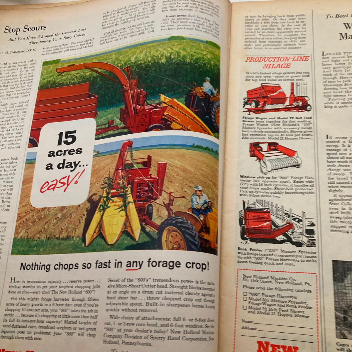 New Holland machine advertisement featuring forage harvester in The Progressive Farmer Magazine July 1958, focusing on agricultural efficiency.