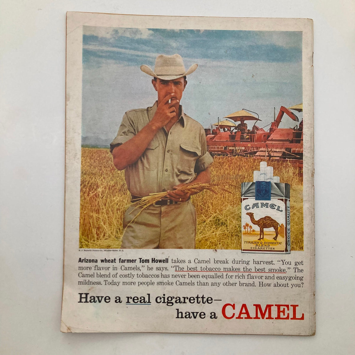 The Progressive Farmer Magazine July 1958 featuring Arizona wheat farmer Tom Howell taking a break with a Camel cigarette during harvest season.