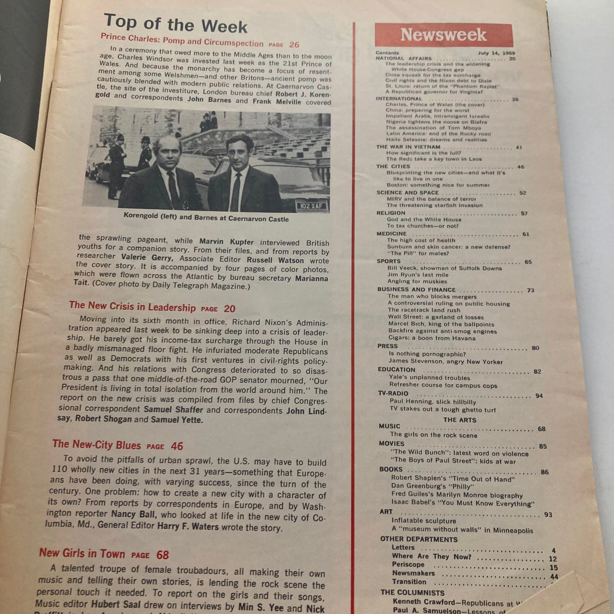 Inside page of VTG Newsweek Magazine July 14 1969 displaying an article titled 'Top of the Week' covering royal events and notable figures from the era.